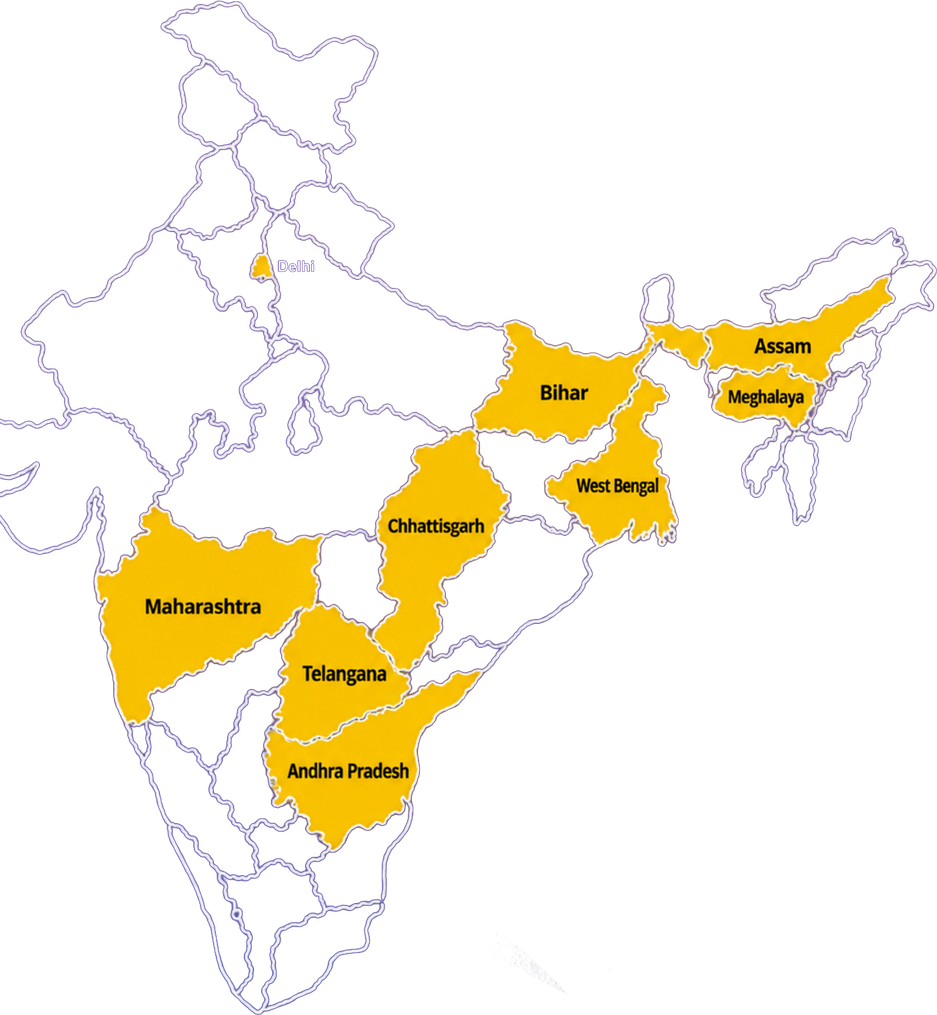 Map of India with the nine states where CAPR has worked highlighted: Delhi, Bihar, West Bengal, Assam, Meghalaya, Chhattisgarh, Maharashtra, Telangana and Andhra Pradesh